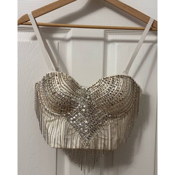 WINDSOR "I'M THE CATCH" WOMEN'S SEQUIN RHINESTONE FRINGE WHITE BUSTIER Sz SMALL - Picture 2 of 8